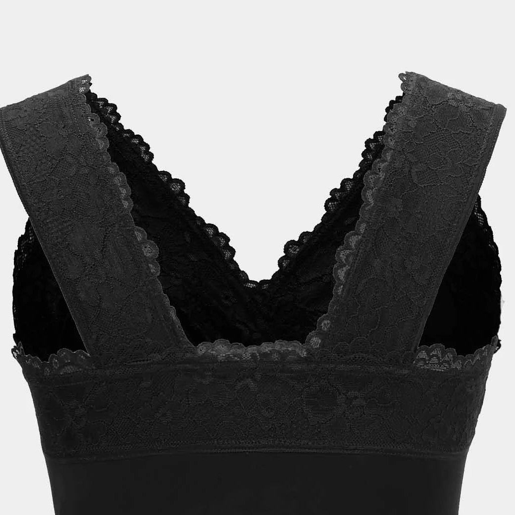 The back combines a plain dark body with lace around the upper edge.