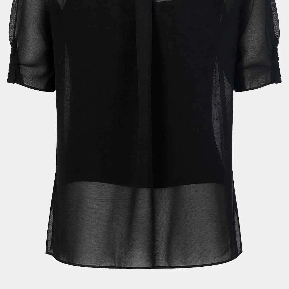 The back combines a darker central section with transparent fabric above and below.